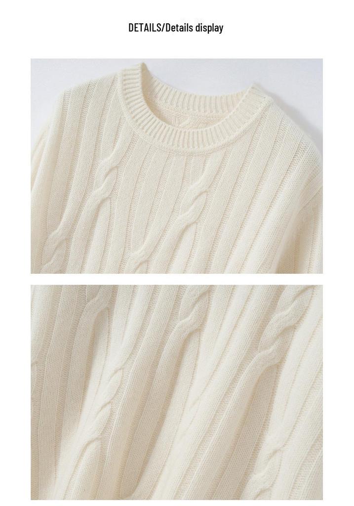2026 Autumn/Winter Women's Thick Cashmere Round Neck Cable Knit Sweater - Loose, Cozy Style