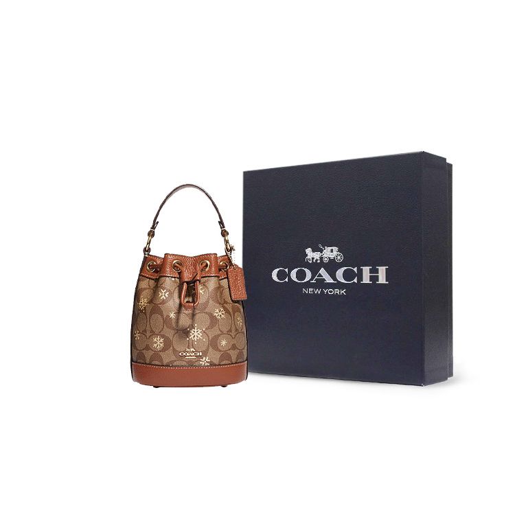 Coach Dempsey 15 Classic Monogram Snowflake Print Drawstring Bucket Bag Women Bags Brown CE587-IMV2X
