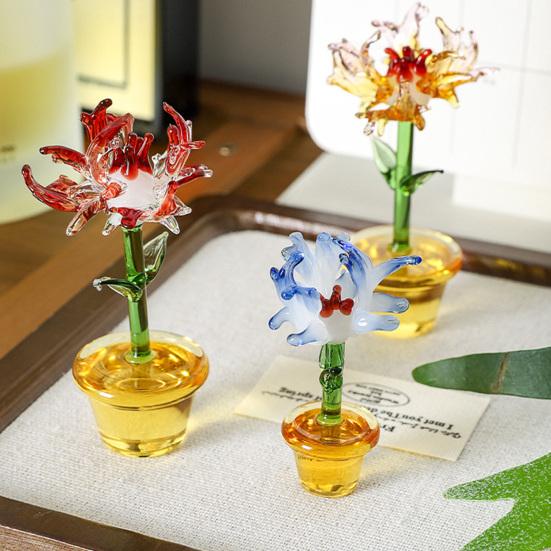 Handcraft Glass Flowers Figurines Hand Blown Mini Potted Flower Ornament Collectible Floral Gifts for Mother's Day Birthday Christmas