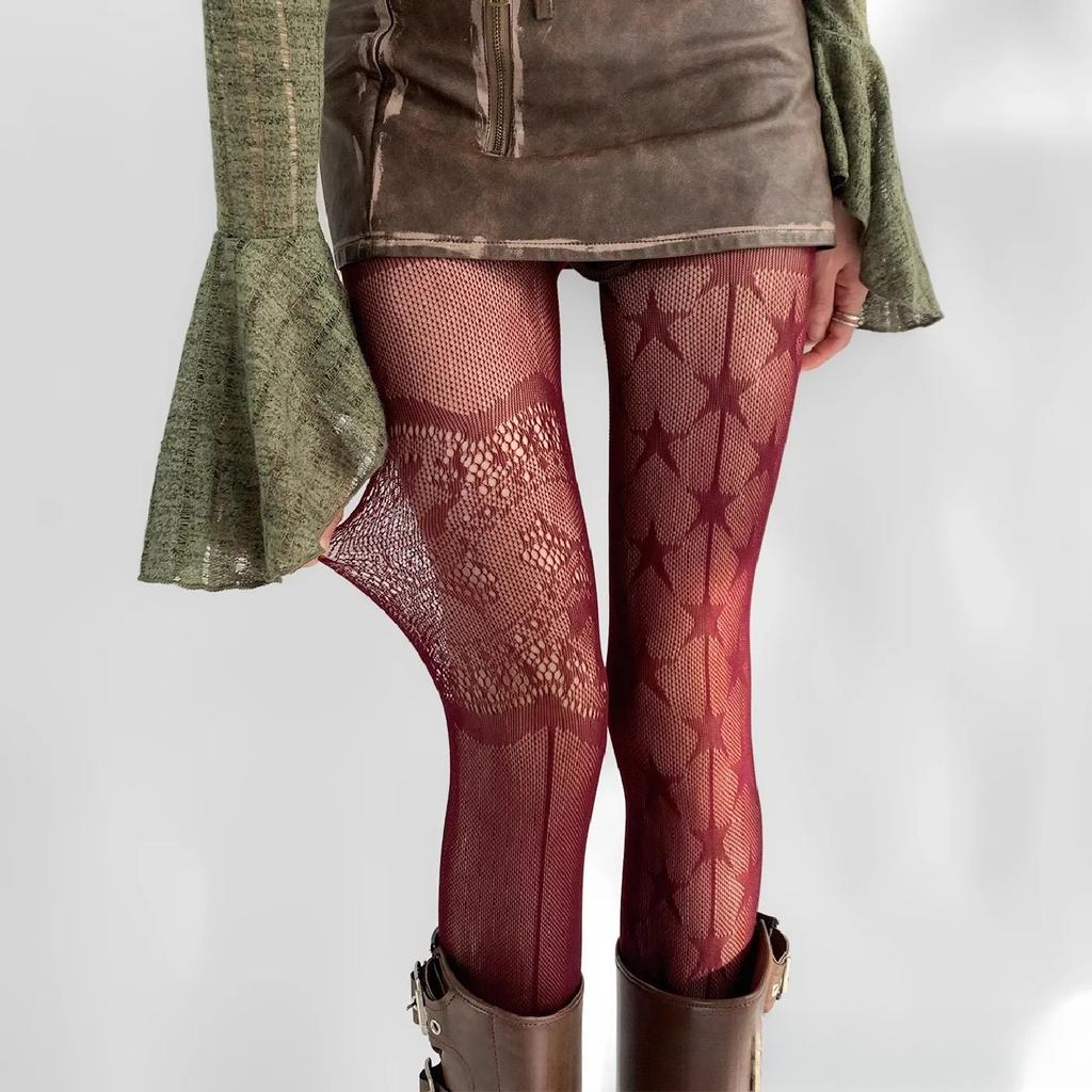 Punk Style Floral Tights Mesh Fishnet Stockings Women Tights Lingerie Ab Asymmetric Star Vintage Pantyhose Jk Lolita Stocking