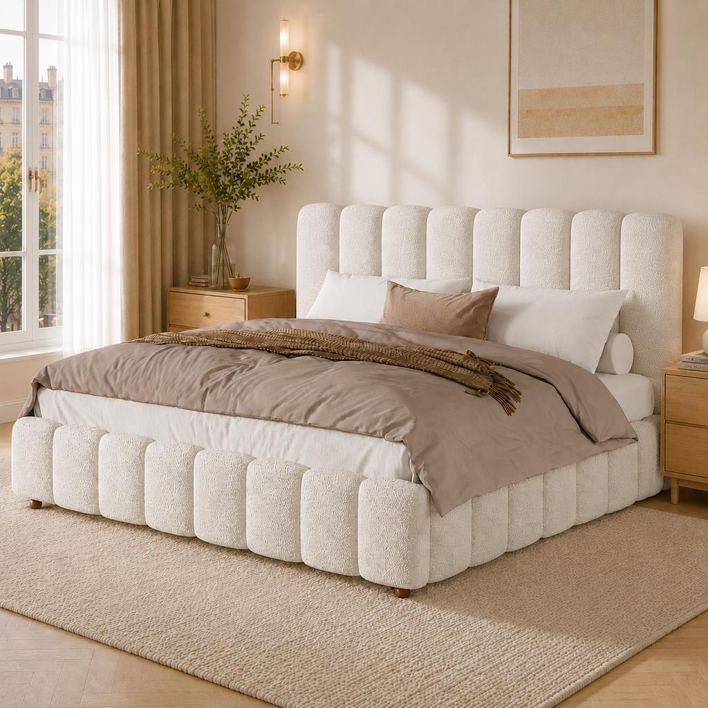 Upholstered Bed, Double Bed, 180*200cm, Bed with Slatted Frame and Upholstered Headboard, Solid Wood Legs, White Bouclé
