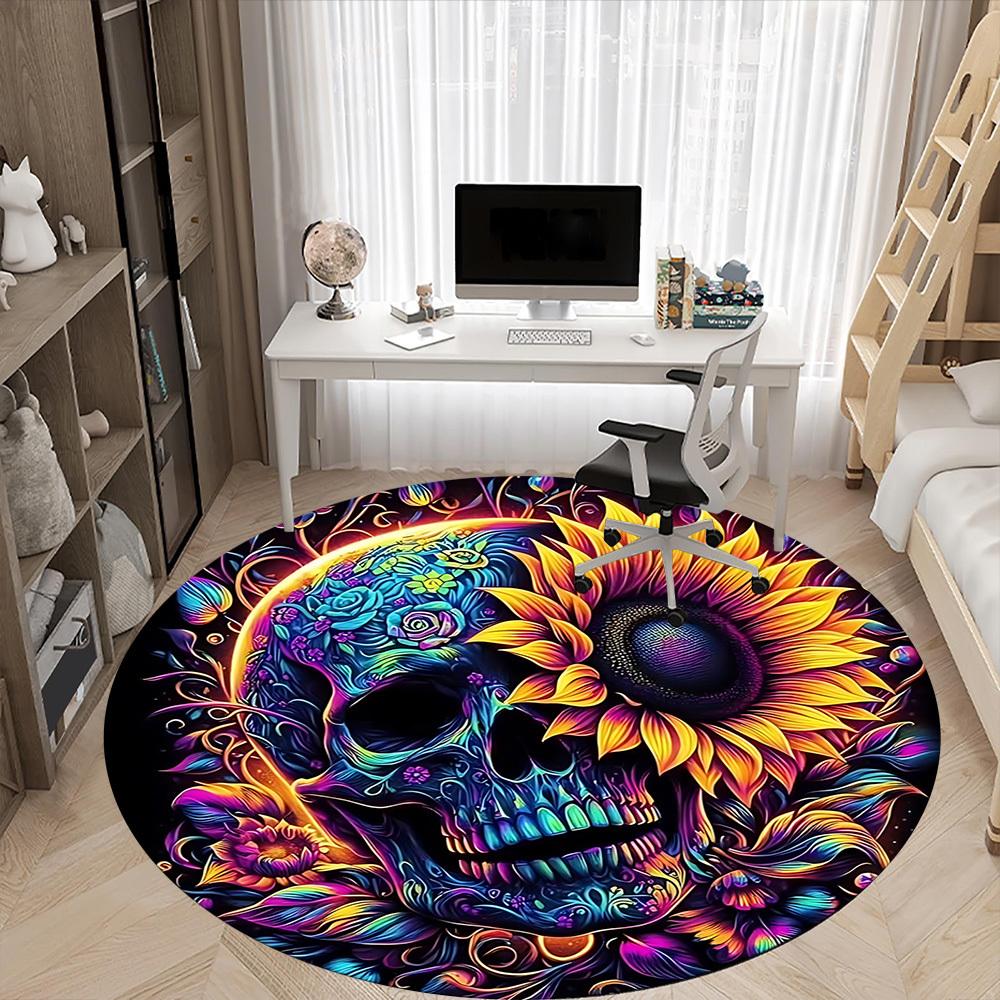 1pc Colorful Skull Art Chair Carpet for Office, Round Non Slip Durable Large Size Office Carpet, Suitable for Office