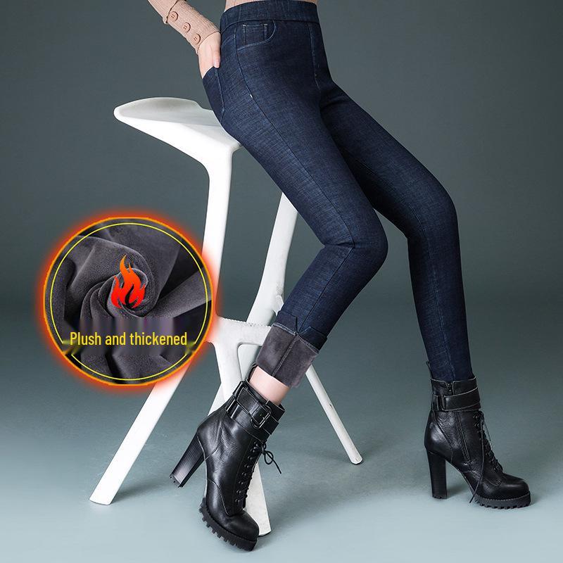 

Женские эластичные джинсы с высокой посадкой и флисовой подкладкой - Большой размер, Облегающий крой, Теплые зимние брюки для мам среднего возраста 2XL синий