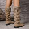 Cow Suede Square Heel Boots Autumn New Round Toe Sleeve Tassel Soft Sole Anti-slip Wear-resistant Mid-tube Boots