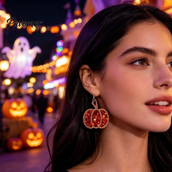 Gift for Her 1 Pair Fall Thanksgiving Pumpkin Earrings Women, Wooden Halloween Dangle Shaped Drop Earrings, Autumn Jewelry Lightweight Wood