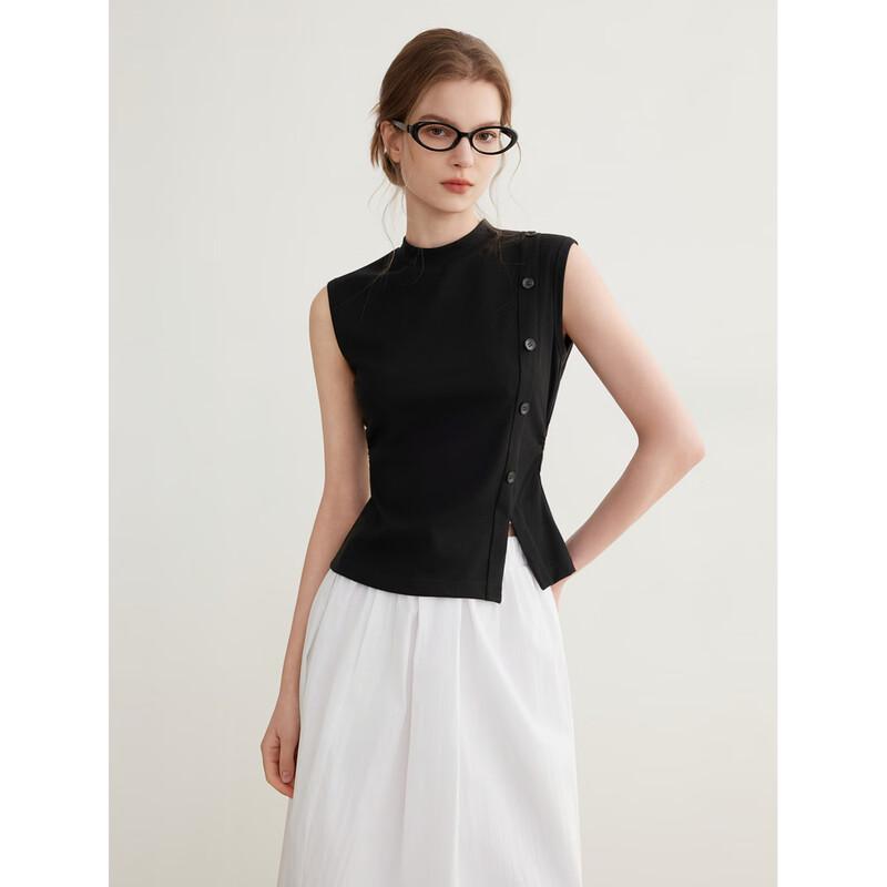 

ELLE Women s Black Semi-High Neck Sleeveless Slit Camisole