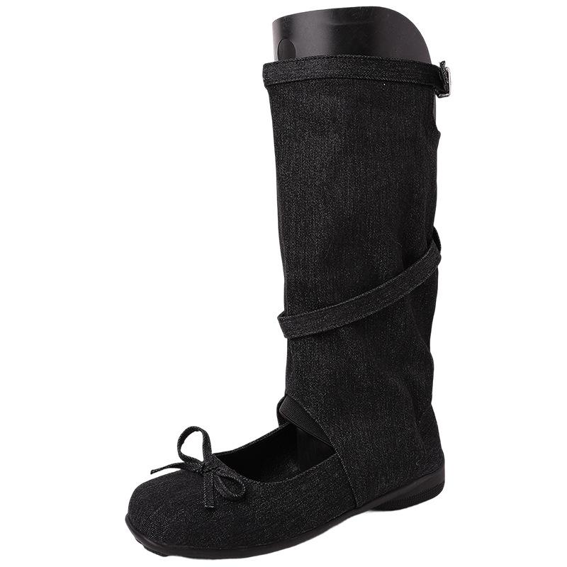 Design sense round head short boots bow hollow stack boots women's summer fashion versatile cool boots retro fashion boots