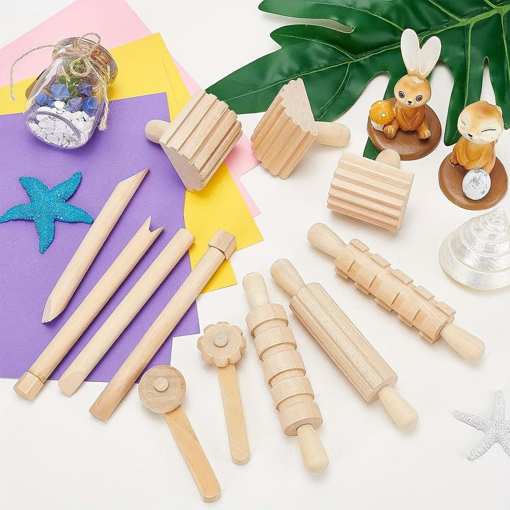 12pcs Wooden Clay & Dough Tool Set - Includes Roller, Hammer, Stamps In Various Shapes for DIY Pottery & Crafts - PVC-Free, Perfect for Art Projects