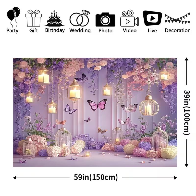 2D Dreamy Purple Floral Backdrop, Lantern & Hydrangea Banner, Girls Birthday Party Decor
