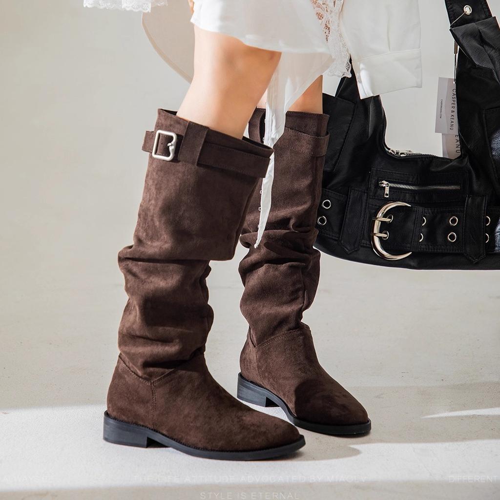 "Uninhibited! Cowboy Style" Ruoji Folded Western Knight Boots Women's Boots Spring and Autumn Tall Pile Boots Long Boots