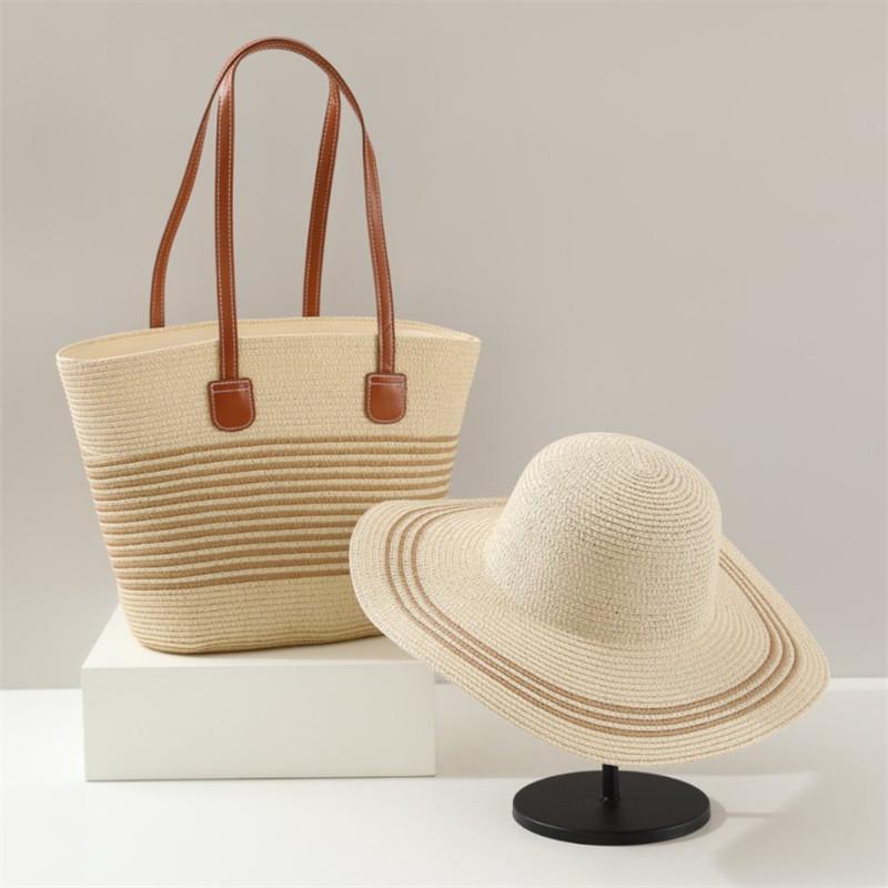 Set Cappello di Paglia e Borsa Tote Con Protezione Solare per Spiaggia e Attività all'Aperto