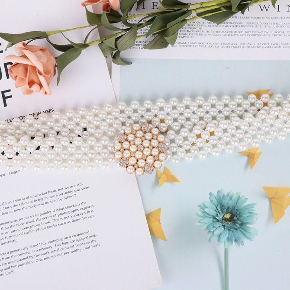 Bling Pearl Waist Belt Wide Women Waist Belt Elegant Elastic Waistband  Skirt Decoritive