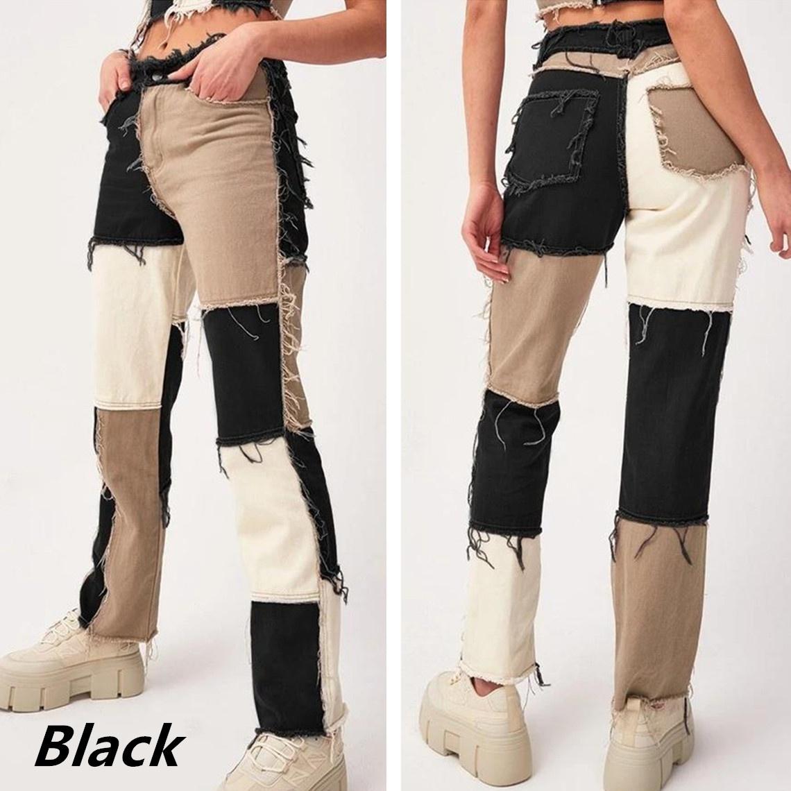 

Модные женские уличные лоскутные джинсы с высокой талией, прямые тонкие женские джинсовые брюки, узкие брюки S чёрный