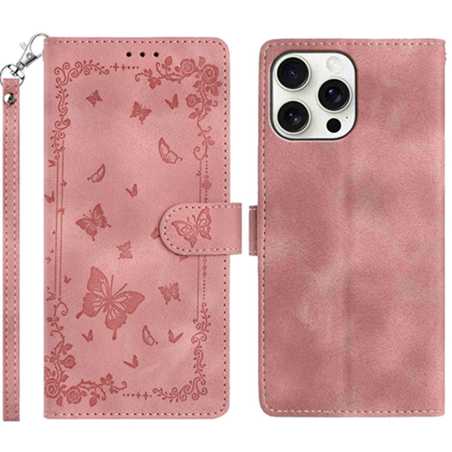 

For iPhone 16 Pro Case Garden Imprinted PU Leather Wallet Phone Cover with Wrist Strap