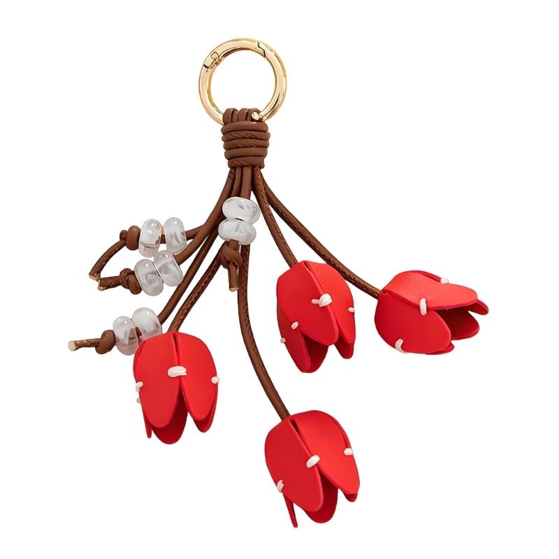 Elegant Tulips Shaped Leather Keychain With Beaded Accent For Bags And Keys Stylish Accessory Gift