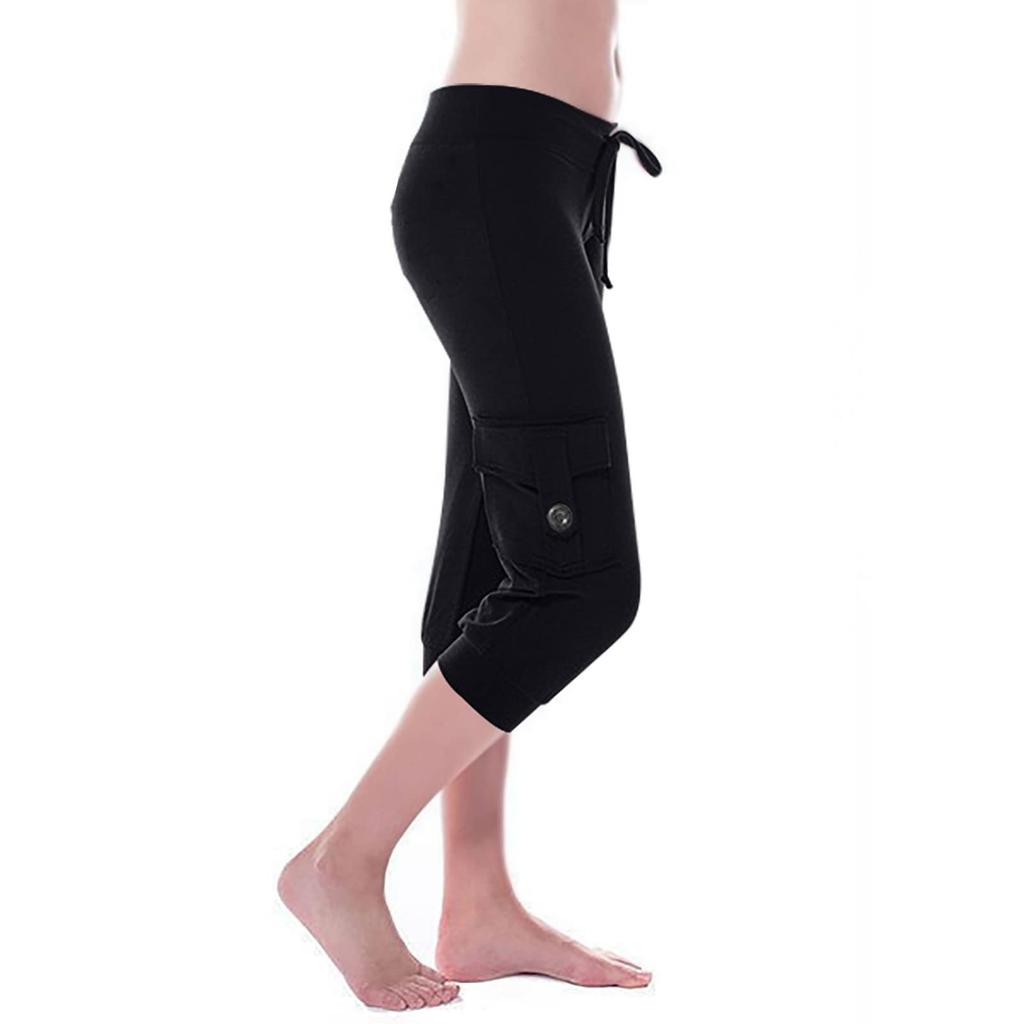 Women's Stretch Waist Button Side Pocket Yoga Cropped Pants