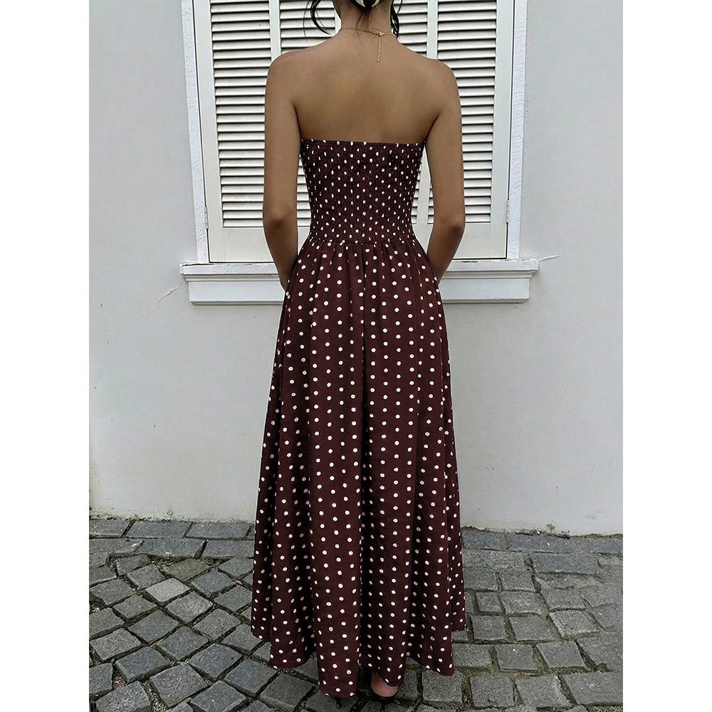 Damen Gepunktete Trägerlose Sommerkleider, Elastischer Rücken Gerafft Strandurlaub Outfits Vintage Elegant Maxikleid