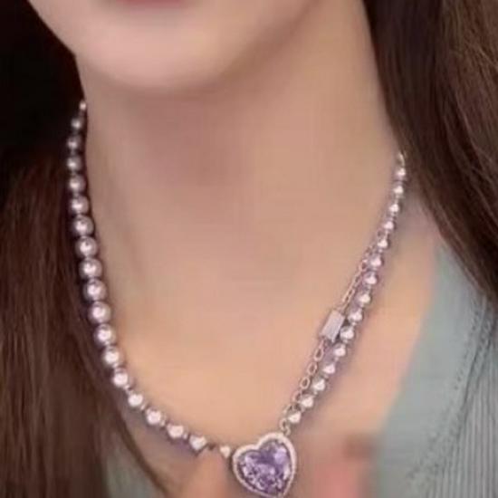 High-End Light Purple Zircon Heart Pendant Necklace