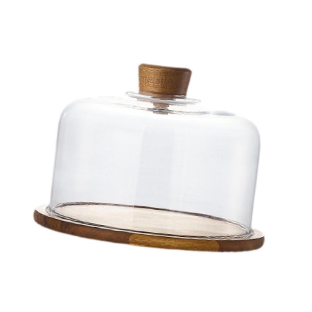 Cake Display Server Tablet Stand with Dome Plate Glass Dessert Wood Serving Shell for