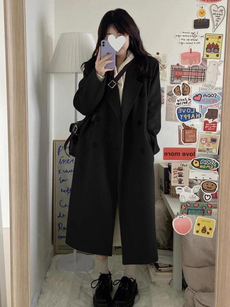 Korean Style Black Woolen Mid-Length Coat for Petite Women - 2025 Winter Edition