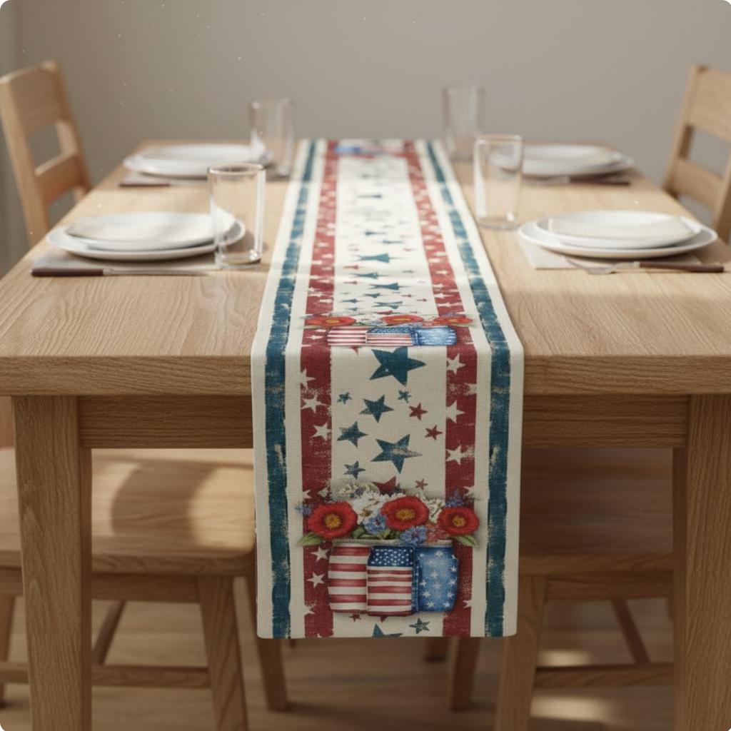 Patriotic Flag Table Runner Printed Pattern Red White and Blue Table Decor Holiday Supply Easy to Clean House Decoration