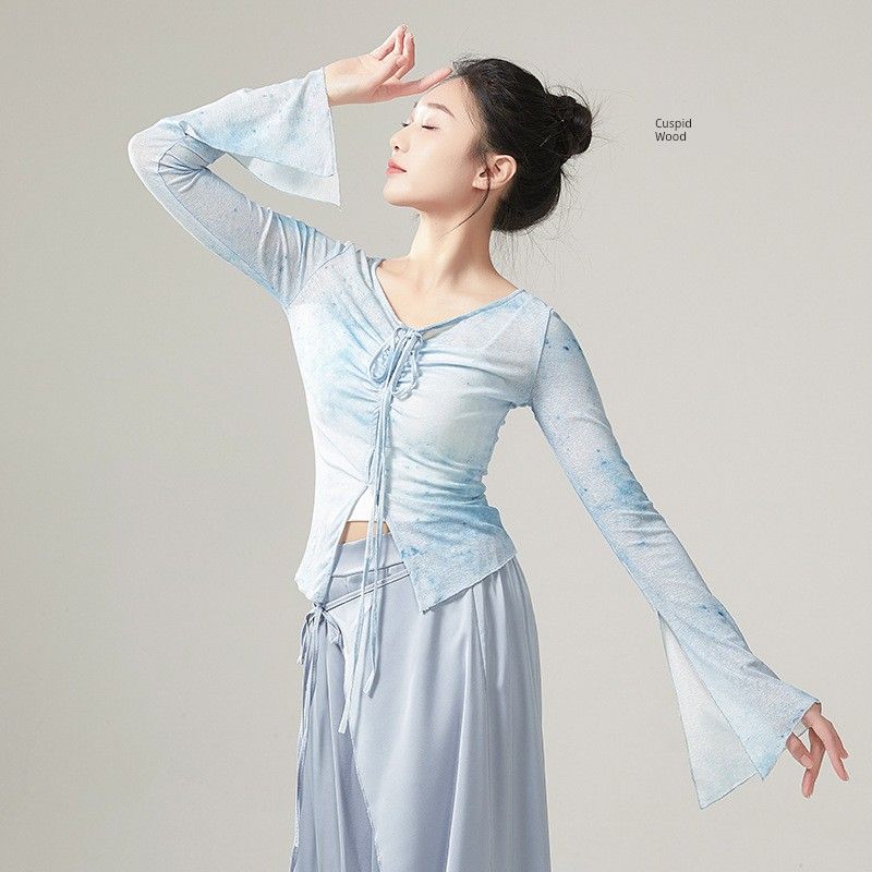 

Classical Dance Print Long sleeve Dance Top Chinese Dance Dance Clothes Modern dance Exercise Clothing Fashion Cuspid Wood XL