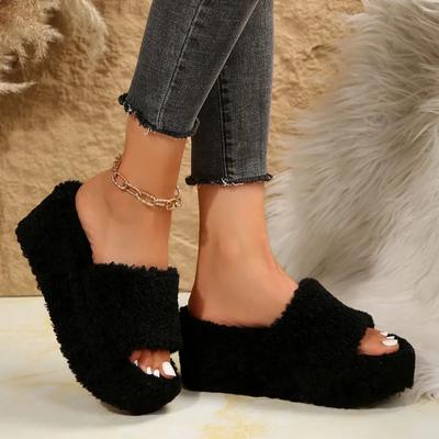 Shoes for Women 2024 Fashion Autumn Solid Women's Slippers Flock Plush Comfortable Open Toe Platform Wedge Casual Slippers Women