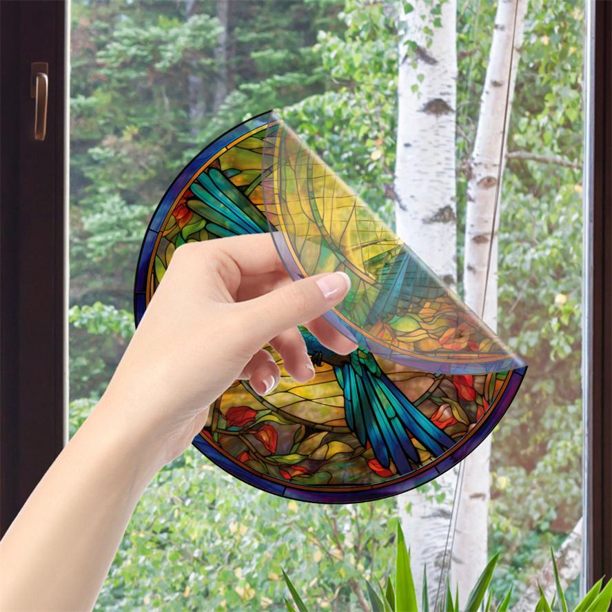 New Antique Color Dyed Hummingbird Iris Japonica Window Glass Electrostatic Sticker Detachable Decorative Film Home Decorations