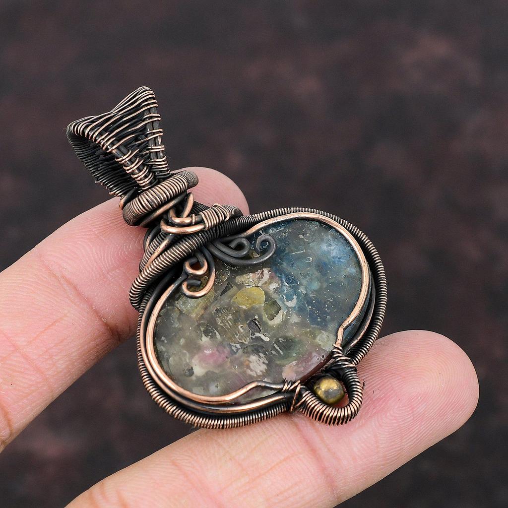 Copper Watermelon Tourmaline Pendant Copper Wire Wrapped Pendant Lapis Lazuli Pendant Gemstone Copper Jewelry Gift For Mom Handmade Pendant