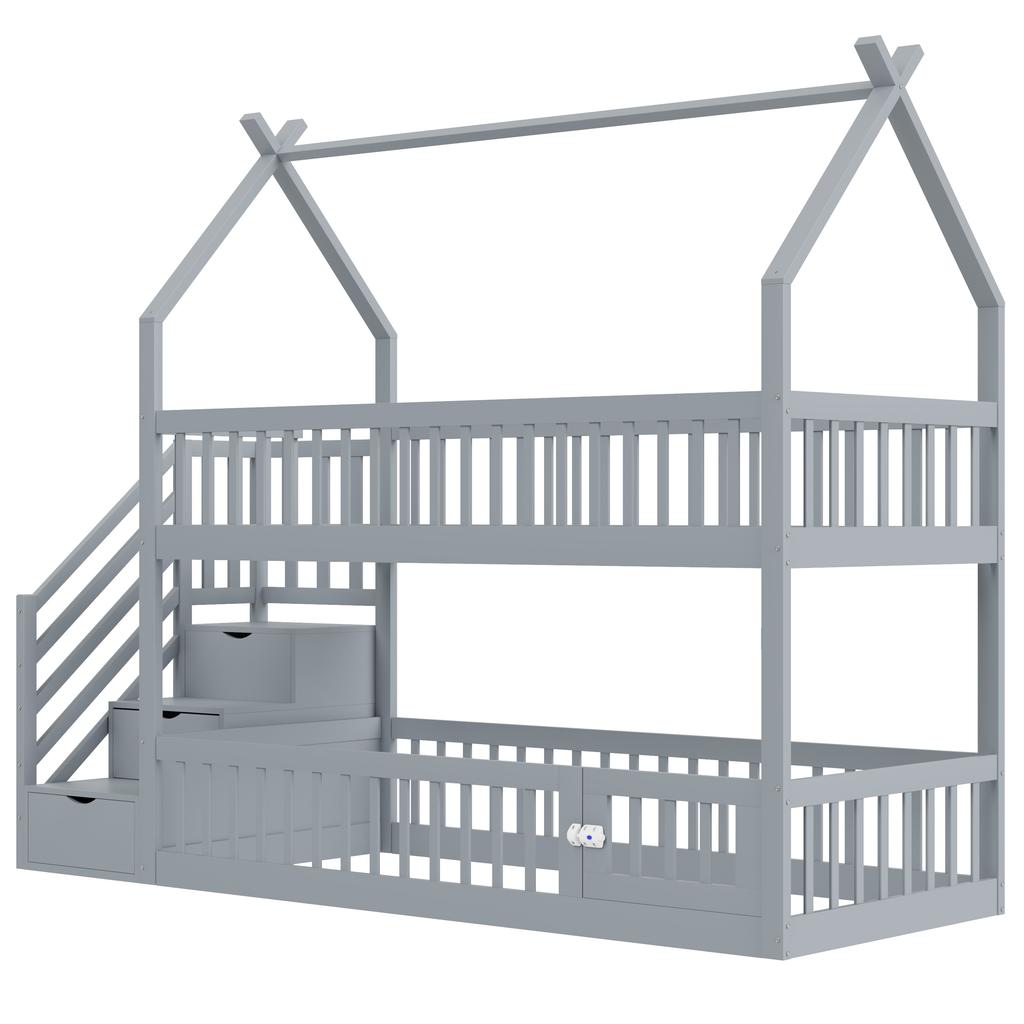90x200 Children's Bunk Bed Solid Wood Bed with Roof, Safety Stairs and Storage Drawers, Storage Children's Bed Single Bed Gray