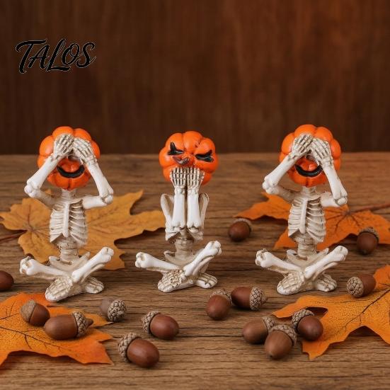 Spooky Desktop Ornament 3 Pcs Halloween Skeleton Statue, Hear See Speak No Evil Pumpkin Head Skull Figurine Figurine, Resin for Mantel, Table, Tiered