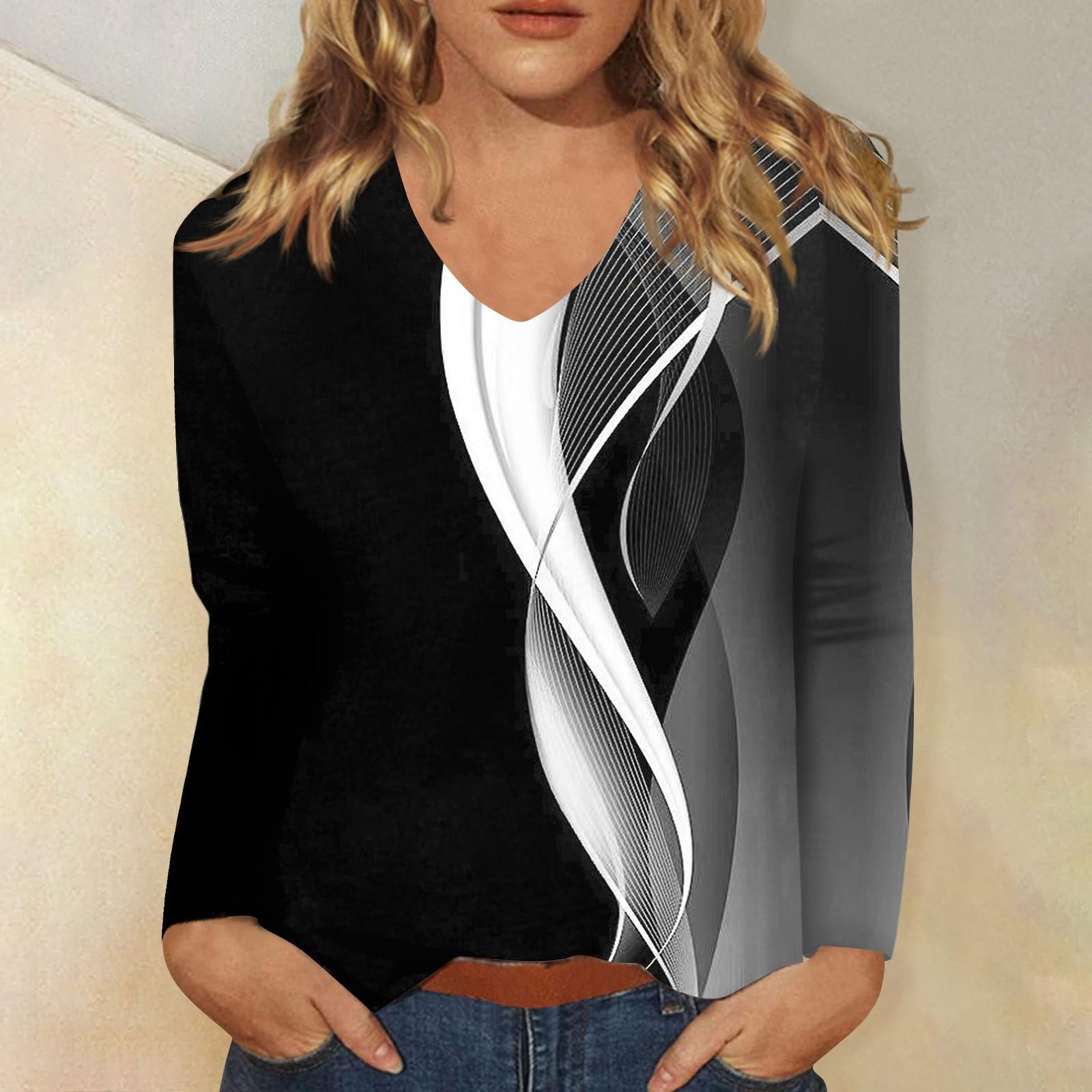 

Женская мода, повседневный универсальный повседневный топ с v-образным вырезом и длинными рукавами с принтом L чёрный