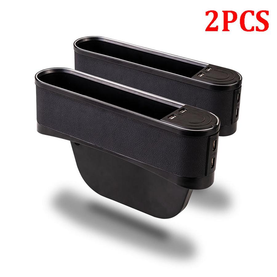 Left+Right PU Leather Car Seat Gap Storage Box w/ Blue Ambient Light USB Charger