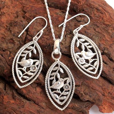 Set Cercei cu Pandantiv Pasăre, Bijuterii Handmade din Argint Sterling 925, Set Cercei cu Pandantiv Argintiu, Bijuterii cu Animale