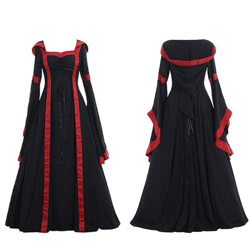 Women's Medieval Vintage Court Style Hooded Dress Square Neck Flared Sleeve Big Swing Dress