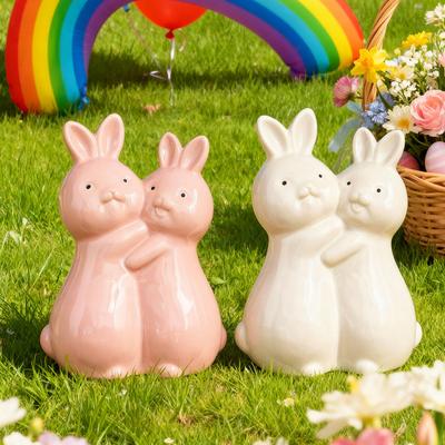 Velikonoční objímající se králíci Keramická figurka Miniaturní Růžová Bílá Pár Králičí soška Domácí Kancelář Stolní Dekorace Ornament