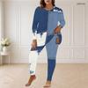Women Plus Size Round Neck Long Sleeve Printed Blue Beige Longline Top Fitted Pants Two Piece Set