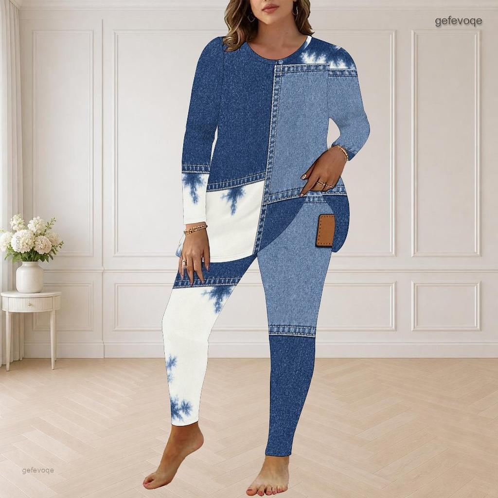 Women Plus Size Round Neck Long Sleeve Printed Blue Beige Longline Top Fitted Pants Two Piece Set