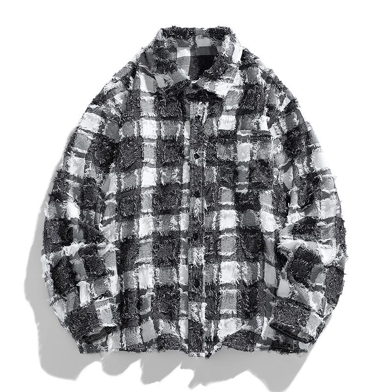 

American Retro Plaid Design Shirt High Street Versatile Lapel Long-sleeved Shirt Jacket 3XL сірий