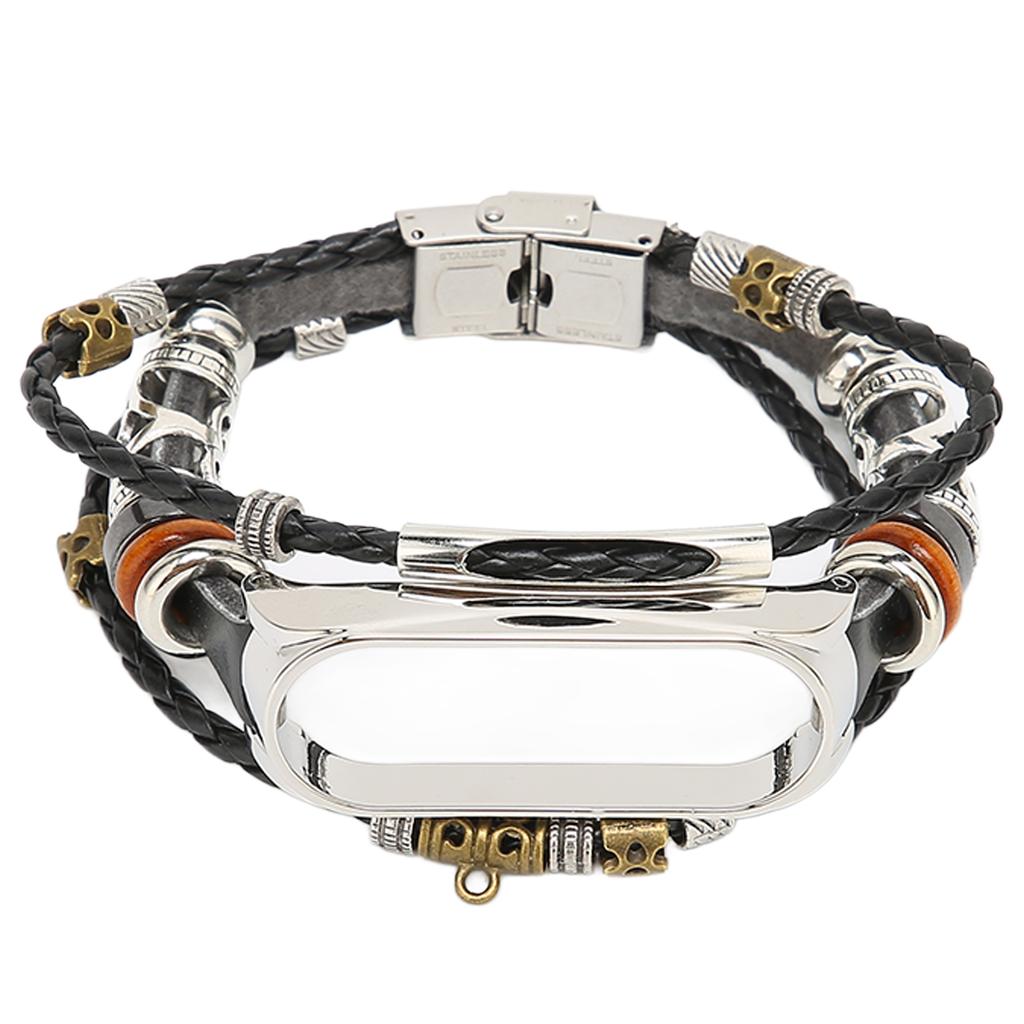Retro Leather Wrist Strap for Xiaomi Mi Band 5 6 NFC Fashion DIY Upgrade WristbandBlack Silver