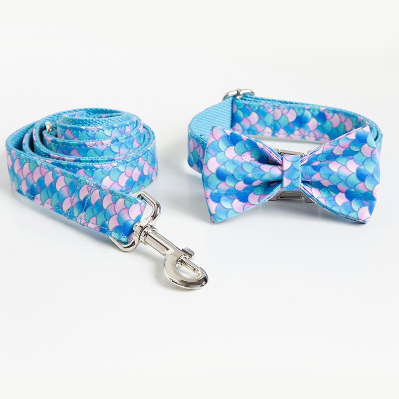 Engravable Rose Gold Mermaid Dog Collar & Leash Set with Bowtie S
