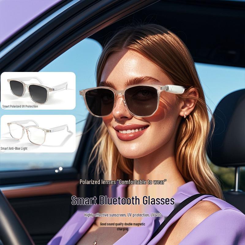 Smart Bluetooth Polarized Sunglasses with UV Protection, Anti-Blue Light, Music & Call Features, Transparent, Replaceable Lenses