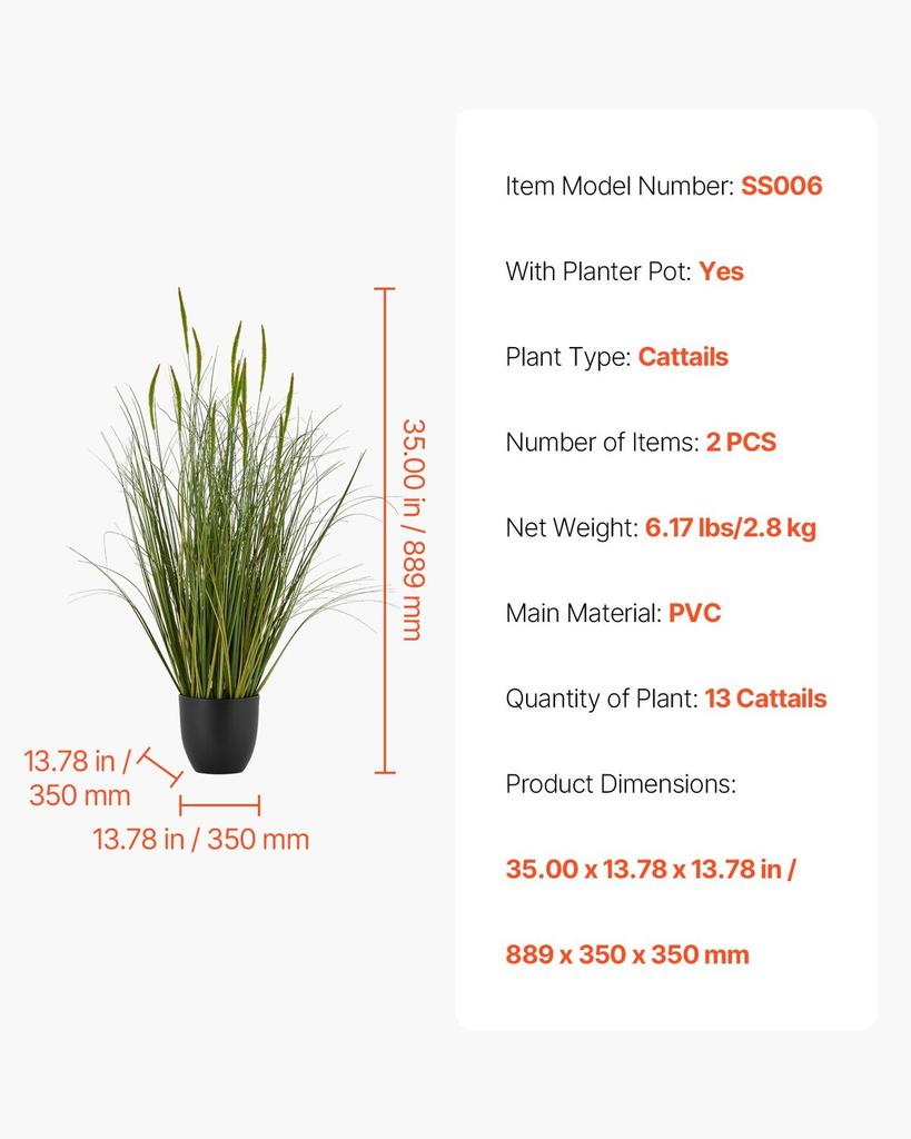Artificial Grass Plant, 2 Pack 889mm Cattail Grass In Pot, Premium PVC Faux Fake Greenery Shrubs Plant for Indoor Outdoor House Home Garden Office
