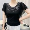 Summer New Elegant O-Neck Short Sleeved Mesh T-shirt Fashion Ruffles Hot Diamonds Women's Tees Chic Butterfly Sleeve Casual Tops