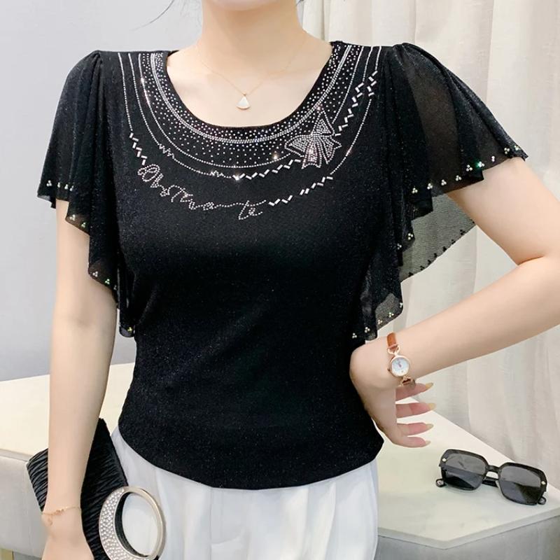 Summer New Elegant O-Neck Short Sleeved Mesh T-shirt Fashion Ruffles Hot Diamonds Women's Tees Chic Butterfly Sleeve Casual Tops