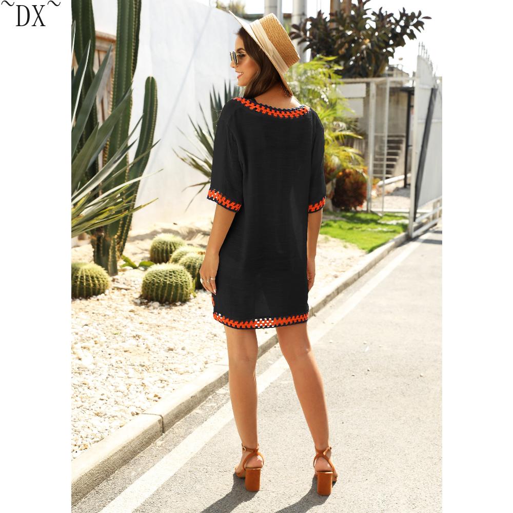 DX~Women's Sexy Hollow Out V-neck Short Sleeved Contrasting Hand Hook Patchwork Loose Beach Sun Protection Cover