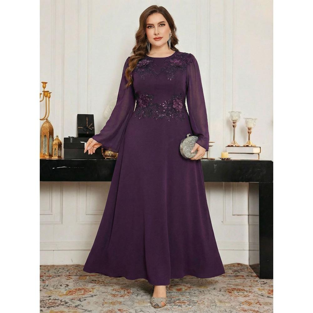 Plus Size Elegant Round Neck Beaded Embroidered Sequin Evening Gown Formal Wedding Party Bridesmaid Dress