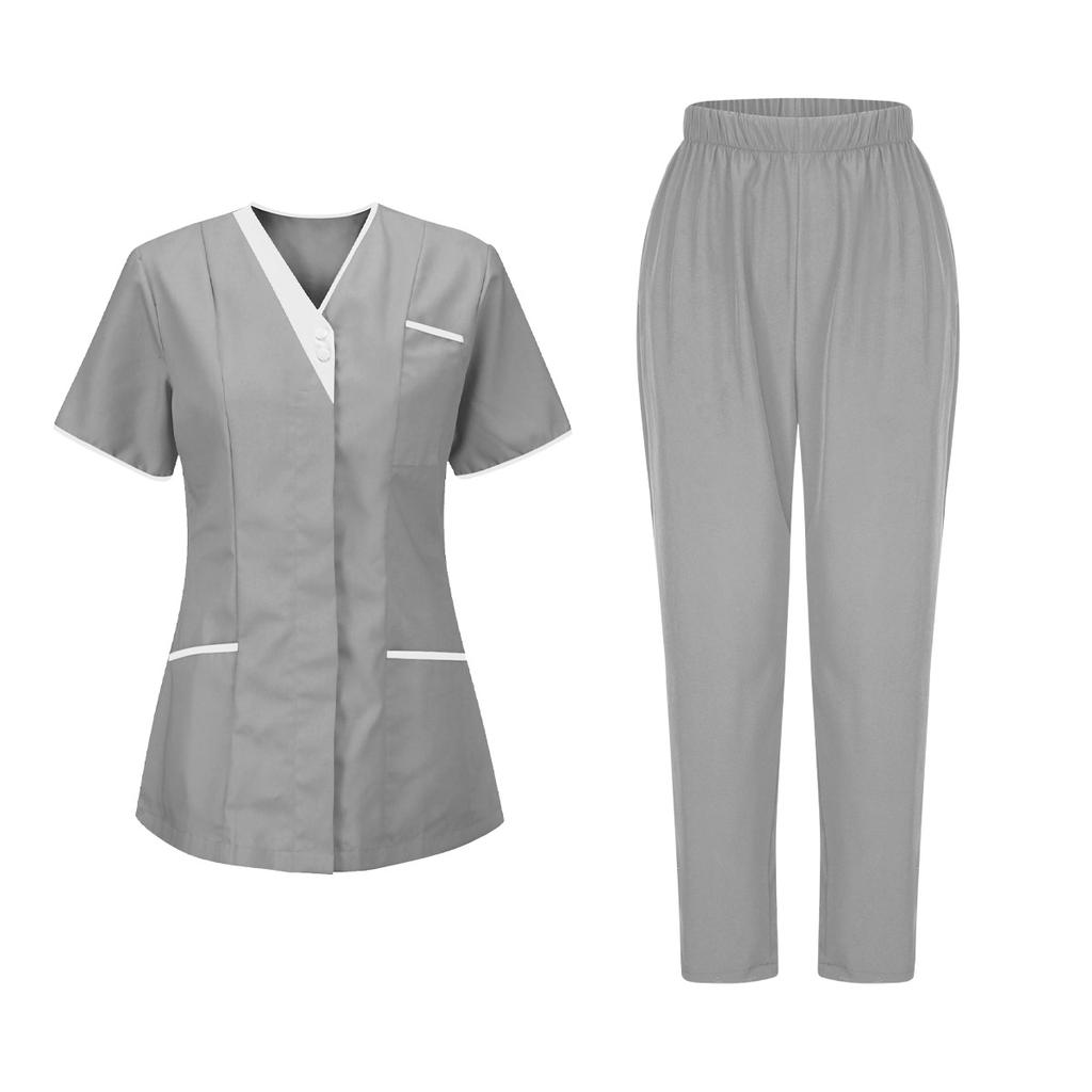 Women's Uniforms Quick Dry Fabrics V-Neck With Pockets Short Sleeves Long Pants Solid Color Workwear Suit