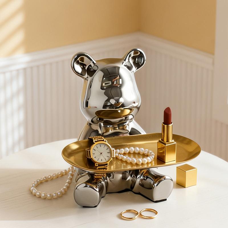 Silver Plated Bear Figurine with Metal Tray Modern Art Sculpture for Keys Cosmetics Living Room Vanity Table Home Decor