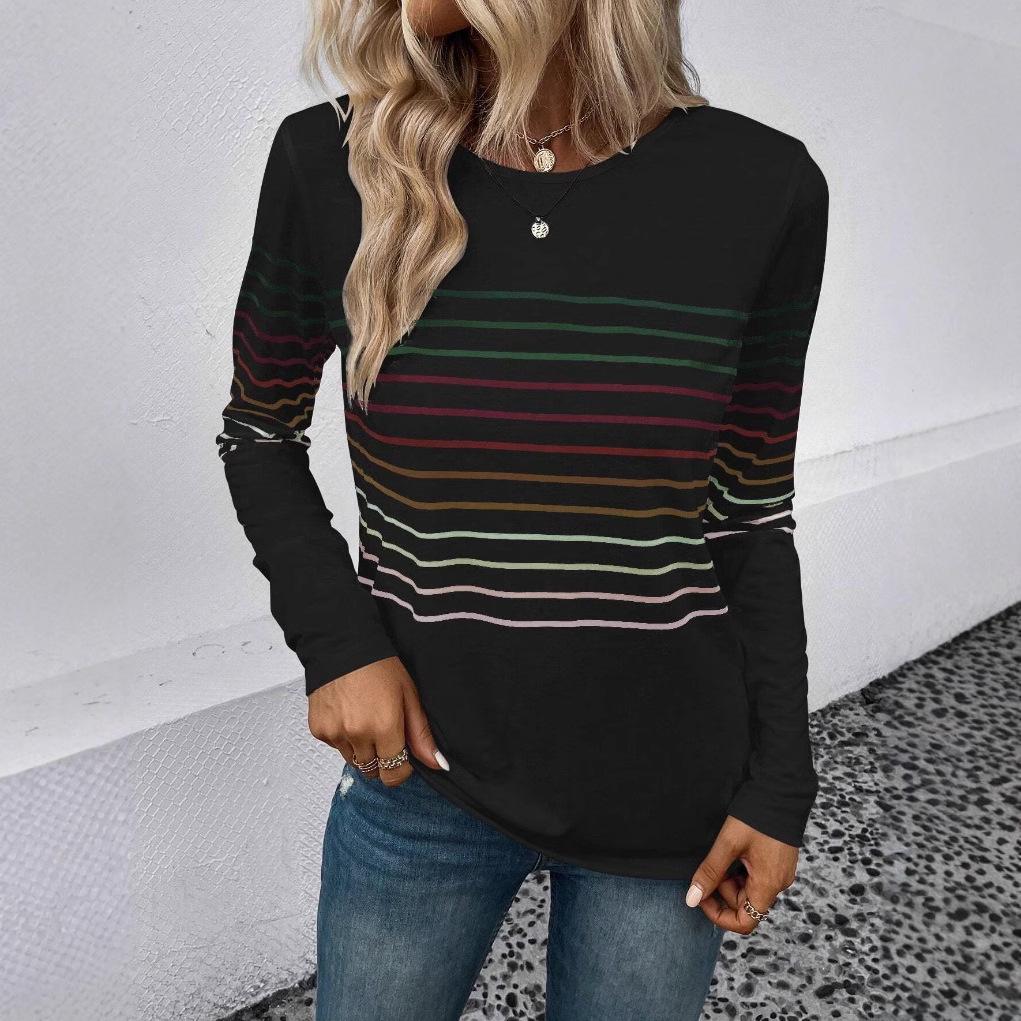 Autumn/Winter 2023 Women's Striped Crew Neck Long Sleeve T-shirt - European and American Fashion.